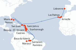 carte itinéraire croisière Caraïbes Bahamas 40 jours au départ du port de Lisbonne