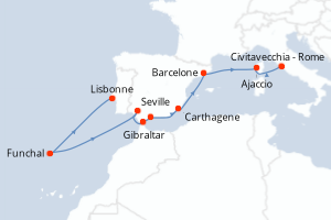 carte itinéraire croisière Méditerranée 10 jours au départ du port de Lisbonne