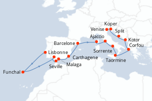 carte itinéraire croisière Sicile 17 jours au départ du port de Lisbonne