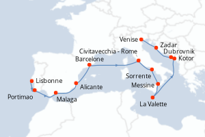 carte itinéraire croisière Sicile 14 jours au départ du port de Lisbonne