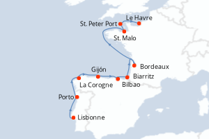 carte itinéraire croisière Europe du Nord 12 jours au départ du port de Lisbonne