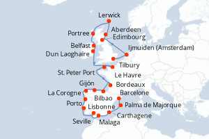 carte itinéraire croisière Méditerranée 25 jours au départ du port de Tilbury