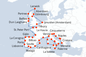 carte itinéraire croisière Sicile 42 jours au départ du port de Tilbury