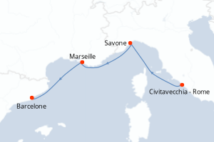 Carte de l'itinéraire de croisière Civitavecchia - Rome-Barcelone d'une durée de 3 jours