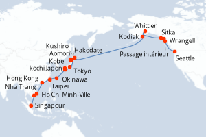 carte itinéraire croisière Alaska 36 jours au départ du port de Singapour