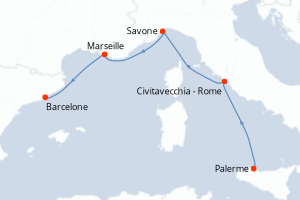 Carte de l'itinéraire de croisière Palerme-Barcelone d'une durée de 4 jours