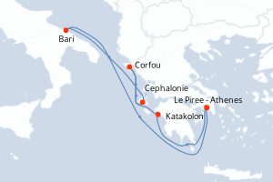 carte itinéraire croisière Méditerranée 6 jours au départ du port de Le Piree - Athenes