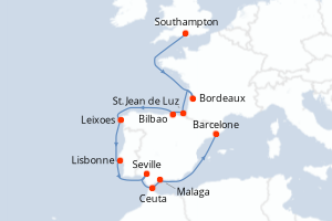 carte itinéraire croisière Méditerranée 16 jours au départ du port de Southampton