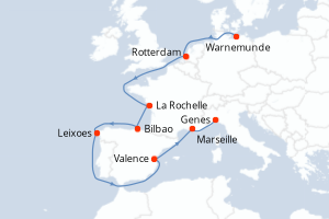 carte itinéraire croisière Méditerranée 12 jours au départ du port de Warnemunde