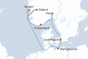 Carte de l'itinéraire de croisière Copenhague-Copenhague d'une durée de 7 jours