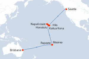 carte itinéraire croisière Alaska 24 jours au départ du port de Brisbane