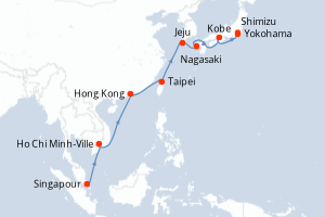 Carte de l'itinéraire de croisière Singapour-Yokohama d'une durée de 14 jours