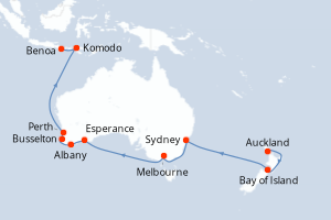 Carte de l'itinéraire de croisière Auckland-Benoa d'une durée de 18 jours