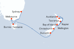 Carte de l'itinéraire de croisière Auckland-Sydney d'une durée de 14 jours