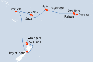 Carte de l'itinéraire de croisière Auckland-Papeete d'une durée de 16 jours