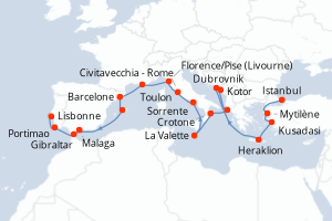 carte itinéraire croisière Atlantique 22 jours au départ du port de Istanbul