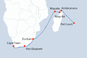 Carte de l'itinéraire de croisière Cape Town-Port Louis d'une durée de 15 jours