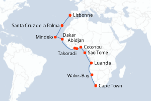 Carte de l'itinéraire de croisière Cape Town-Lisbonne d'une durée de 23 jours