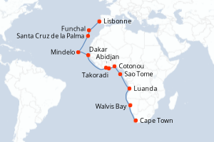 carte itinéraire croisière Atlantique 23 jours au départ du port de Cape Town