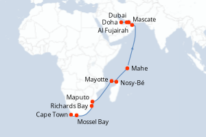 Carte de l'itinéraire de croisière Cape Town-Doha d'une durée de 19 jours