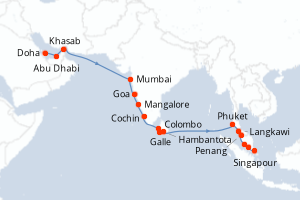 Carte de l'itinéraire de croisière Doha-Singapour d'une durée de 22 jours