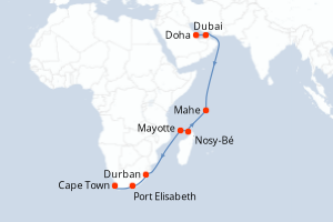 Carte de l'itinéraire de croisière Doha-Cape Town d'une durée de 20 jours