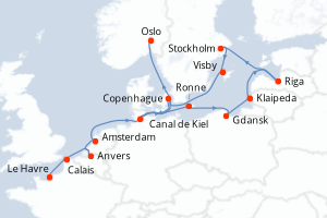 carte itinéraire croisière Europe du Nord 18 jours au départ du port de Le Havre