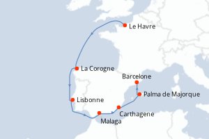 carte itinéraire croisière Méditerranée 9 jours au départ du port de Le Havre
