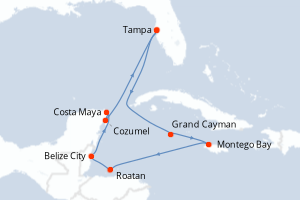 carte itinéraire croisière Caraïbes Mexique 10 jours au départ du port de Tampa