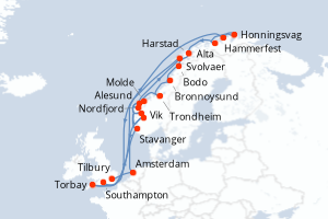 carte itinéraire croisière Fjörds norvégiens 20 jours au départ du port de Southampton