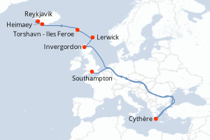 Carte de l'itinéraire de croisière Southampton-Reykjavik d'une durée de 8 jours
