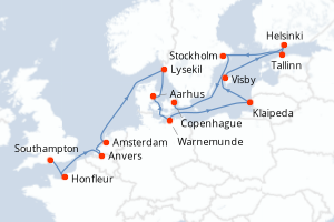 carte itinéraire croisière Europe du Nord 18 jours au départ du port de Southampton