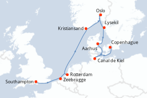 carte itinéraire croisière Europe du Nord 10 jours au départ du port de Southampton