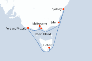 Carte de l'itinéraire de croisière Sydney-Sydney d'une durée de 10 jours