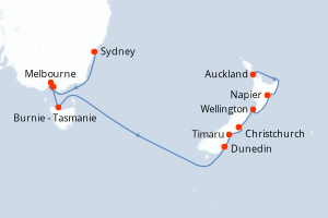 Carte de l'itinéraire de croisière Sydney-Auckland d'une durée de 15 jours