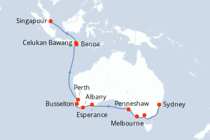 Carte de l'itinéraire de croisière Sydney-Singapour d'une durée de 18 jours