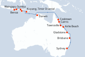 Carte de l'itinéraire de croisière Sydney-Benoa d'une durée de 19 jours