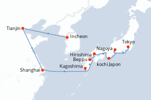 Carte de l'itinéraire de croisière Incheon-Tokyo d'une durée de 12 jours