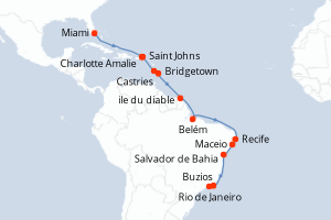 carte itinéraire croisière Amérique du Sud 18 jours au départ du port de Miami