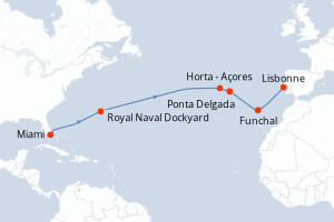 carte itinéraire croisière Atlantique 14 jours au départ du port de Miami