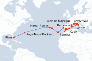 carte itinéraire croisière Transatlantique 28 jours au départ du port de Miami