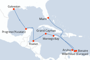 Carte de l'itinéraire de croisière Miami-Galveston d'une durée de 14 jours