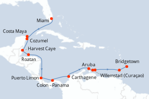 carte itinéraire croisière Caraïbes Bahamas 16 jours au départ du port de Miami