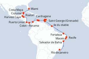 carte itinéraire croisière Amérique du Sud 30 jours au départ du port de Miami