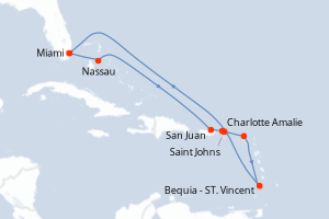 carte itinéraire croisière Caraïbes Bahamas 10 jours au départ du port de Miami