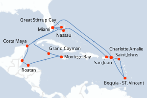 carte itinéraire croisière Caraïbes Bahamas 20 jours au départ du port de Miami