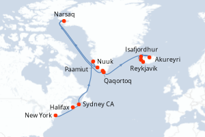 Carte de l'itinéraire de croisière New York-Reykjavik d'une durée de 18 jours