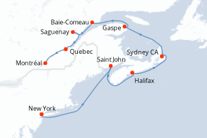 Carte de l'itinéraire de croisière New York-Montréal d'une durée de 10 jours