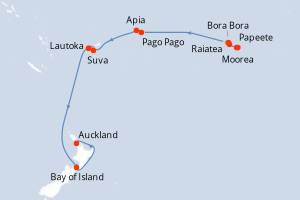 Carte de l'itinéraire de croisière Papeete-Auckland d'une durée de 17 jours