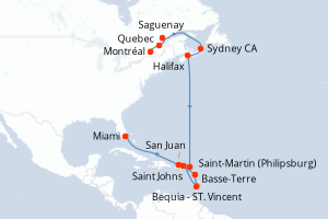 carte itinéraire croisière Caraïbes Bahamas 16 jours au départ du port de Montréal